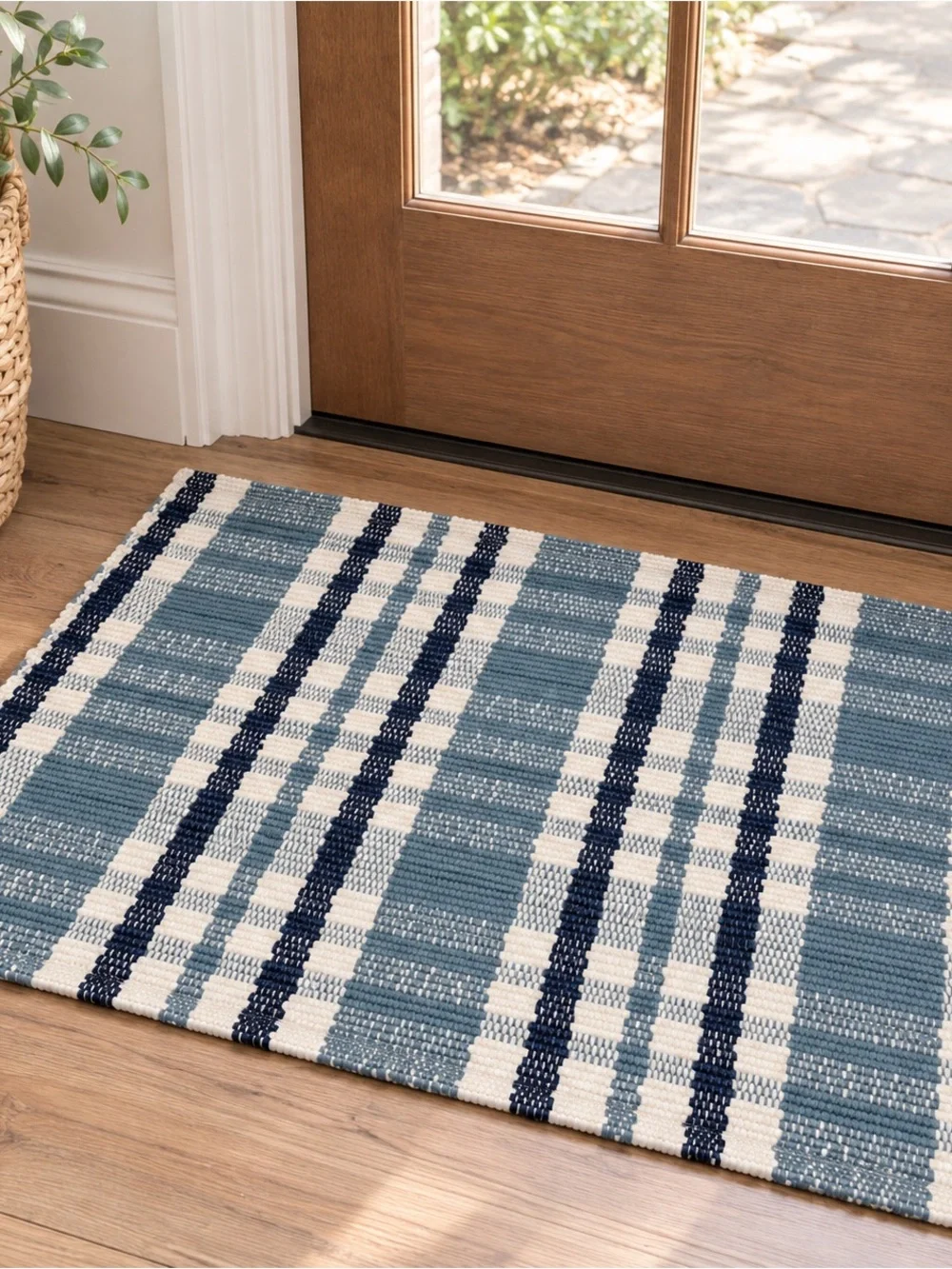 Blue Plaid Indoor Outdoor Woven Layering Rug 24x36 Farmhouse Cottage